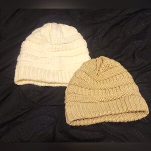 Cozy Knit Beanie Set in White and Tan